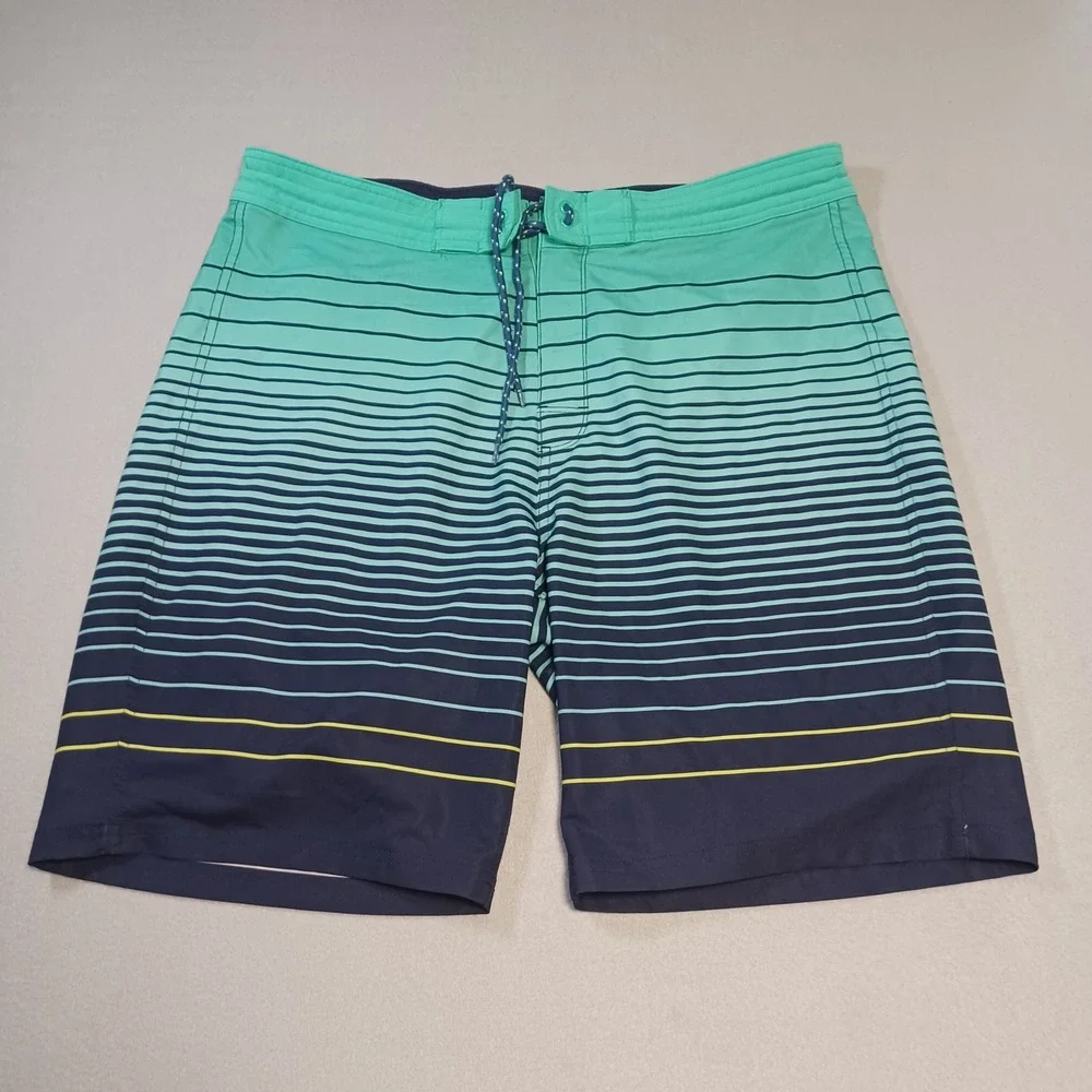 Old Navy California Mens 38 Board Shorts Teal Navy Blue Ombre Striped Swim Trunk